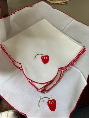 Vintage White Linen Napkins with Red Trim and hand appliqué Strawberry Motif /4